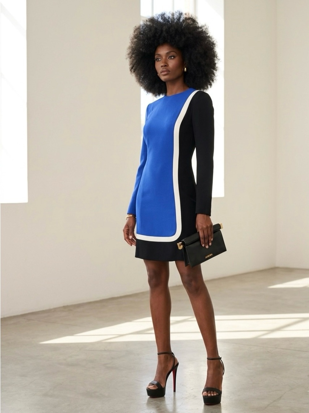 Vintage Liz Claiborne Royal Blue, Black and White Long-Sleeve Sheath Dress